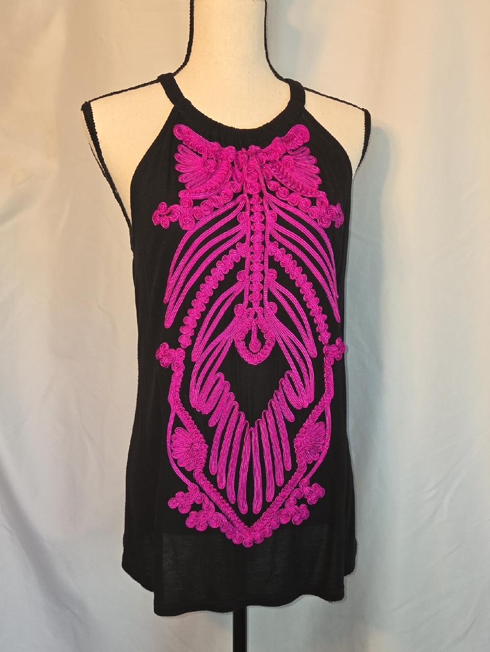 INC International Concepts Black Halter Tank with Bright Pink Embroidery